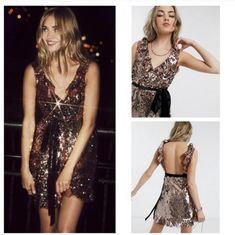 Free People Siren Sequin Party Cocktail Dress In Tribeca Copper Nwt Size 10. Sparkle In This Fabulous Sequin Embellished Mini Party Dress With Black Velvet Waist Tie Belt. A Stunning Sequin Mini Dress Perfect For Any Special Occasion. This Gorgeous Dress Features Allover Beautiful Sequins, Ruffle Cascade Neckline Goes Up Over Shoulders And Matches Ruffle Hem. Fully Lined, Attached Velvet Waist Tie. Hidden Side Zip Closure. V-Neckline With Sheer Mesh Trim. Chest 18" Waist 15" Hip 18" Length 34" Hng Siren Dress, Copper Dress, Free People Lace Dress, White Ruffle Dress, Mini Party Dress, Party Cocktail Dress, Sequin Party, Mini Party, Pleated Mini Dress