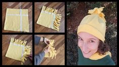 four pictures show how to make a yellow hat with ruffles and ribbon on it