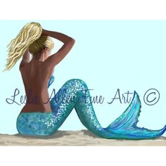 a painting of a mermaid sitting on the beach with her back turned to the camera