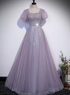 Beautiful Light Purple Sequins Short Sleeves Party Dress, Purple Forma – BeautyDressy A Line Evening Gown, Gaun Tulle, Purple Dresses Formal, Prom Dress A Line, Prom Dress Pictures, Purple Tulle, Purple Prom, Purple Prom Dress, Sequin Prom Dress