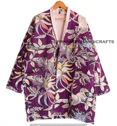 Purple Bohemian Cotton Outerwear, Kantha Coat, Kantha Quilting, Quilted Kimono, Winter Coat Short, Kantha Quilt King Size, Boho Wear, Winter Wear Women, Women Kimono