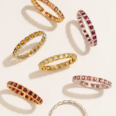 Red Ruby - Strength Featuring a full circle of Asscher cut CZs, the July Birthstone Eternity Ring makes it hip to be square. Comfortable and captivating, this one-of-a-kind band is a luminous reminder that when you elevate the everyday moments, the present becomes your greatest story. Ruby Birthstone Ring, Hip To Be Square, 2024 Wishlist, Made By Mary, Eternity Ring Gold, Ruby Birthstone, Pearl Shop, Asscher Cut, Everyday Moments