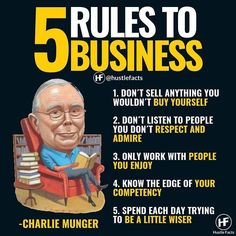 an old man sitting in a chair with the words 5 rules to business written on it