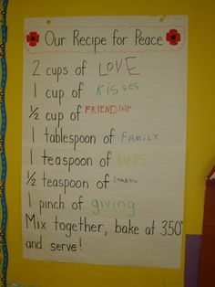 a recipe for peace written on a white board