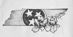 a drawing of the state of tennessee with flowers on it's flag and stars