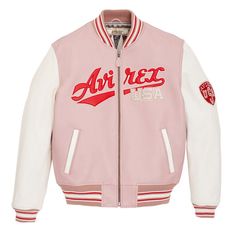 USA Pink and White Leather Varsity Bomber Jacket Varsity Jacket Pink, Women Varsity Jacket, Men Varsity Jacket, Avirex Jacket, Varsity Leather Jacket, Varsity Jacket Women, Leather Varsity Jackets, Dope Fits, Sheepskin Coat