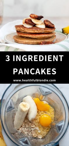 three ingredients for pancakes in a blender with bananas and oranges on the side