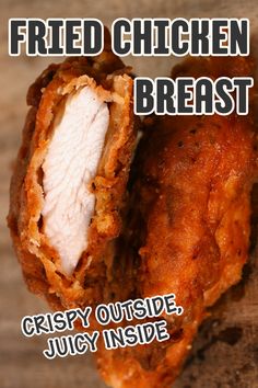 A fried chicken breast cut in half, showing visible juices. Oven Baked Fried Chicken Breast, Baked Fried Chicken Breast, Marinated Fried Chicken, Fried Boneless Chicken Breast, Deep Fried Chicken Breast, Crispy Fried Chicken Breast, Sliced Chicken Breast Recipes, Split Breast Chicken Recipes, Vegan Grilling Recipes