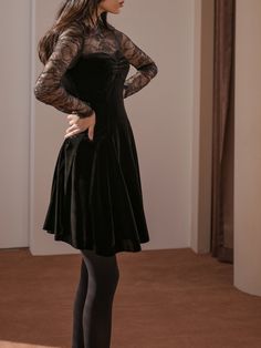 Long sleeve velvet dress with sweetheart neckline and lace shoulders and sleeves. Flared skirt from narrow waist, fitted style dress. Please allow 5-12 business days for shipping when in restocking. * MINUSEY S = EU 34, US 2* MINUSEY M = EU 36, US 4* Velvet: 95% Polyester / 5% Spandex* Lace: 100% Nylon* Dry clean* Made in Korea - Model Height: 170cm/5'7" (US2, EU34) Black Velvet Knee-length Dress, Winter Evening Dresses With Lace Sleeves, Black Fitted Knee-length Velvet Dress, Velvet Dress With Lace Trim For Party, Velvet Lace Trim Dress For Party, Party Velvet Dress With Lace Trim, Velvet Evening Dress With Lace Trim, Narrow Waist, Dress With Sweetheart Neckline