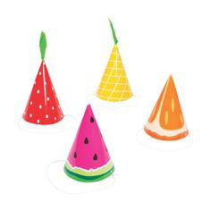 four party hats with watermelon and pineapple on them