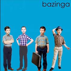 three young boys are standing in front of a blue background with the words bazinga on it