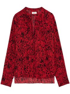 crimson/black all-over logo print V-neck long sleeves flared cuffs straight hem Zadig And Voltaire Clothes, Zadig And Voltaire This Is Her, Red V-neck Blouse With Paisley Print, Bohemian Red Embroidered V-neck Top, Red V-neck Rayon Blouse, Yoko London, Zadig And Voltaire, Exclusive Fashion, Red Blouses