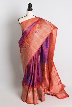 Silk Mark Certified Purple Checks Kanji Gadwal Silk Saree, Wedding Saree Shipped from USA, Pattu Saree from Bengal Looms, Indian Sari by BengalLooms on Etsy Wedding Saree For Transitional Season In Purple, Purple Wedding Saree For Transitional Season, Wedding Lehenga In Tissue Silk With Motifs, Wedding Paithani Silk Saree, Transitional Wedding Paithani Silk Lehenga, Purple Handloom Lehenga For Wedding, Wedding Lehenga With Handloom And Traditional Drape, Purple Motif Wedding Saree, Silk Saree Wedding