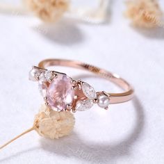 5x7mm Vintage Oval Rose Quartz Moissanite Pearl Engagement Ring 14k Rose Gold Dainty Pink Gemstone Ring Cluster Ring Delicate Bridal Ring Women Accent stones: Moissanite and pearl Good quality rings take time to make, process time of the ring will be about 3 weeks, when your ring is shipped, tracking number will be given to you! - Ring Size - I can make the rings in any ring size, if the ring size you want is not on the ring size option, please contact with me! - Shipment - Free shipping within Rose Quartz Engagement Ring, Pink Pearl Ring, Pink Gemstone Ring, Quality Rings, Pink Gemstones Ring, Pink Engagement Ring, Ring Cluster, Pearl Engagement Ring, Rose Quartz Ring