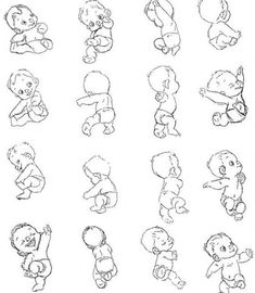 an outline drawing of babys sitting and standing in different positions