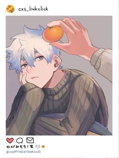 an anime character with white hair holding an orange in front of his face and looking at the camera