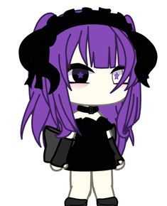 a drawing of a girl with purple hair and blue eyes, holding a black purse