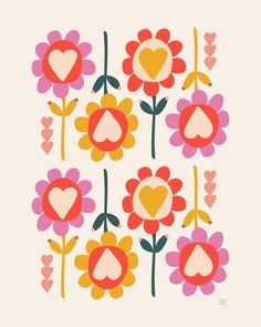 "Folk Art Flowers ART PRINT | Giclee Print | 8 x 10 inch OR 11 x 14 inch This folksy floral art print \" Happy Flowers \" is full of bright reds, pinks and yellows.  The perfect gift for the flower love in your life or a child's bedroom.  *Professionally Giclee printed on archival matte paper, this print is available in 8 x 10 inch or 11 x 14 inch size.   All of my illustrations are designed in my North Carolina Studio SIZE :  8 x 10 inch OR 11 x 14 inch Giclee Printed on archival matte paper  * How To Draw 70s Flowers, Flowers Wall Painting Ideas, Scandinavian Prints Pattern, Minimalist Illustration Art Design, Eclectic Flowers, Mexican Folk Art Flowers, Flower Illustration Design, Flower Folk Art, Modern Floral Art