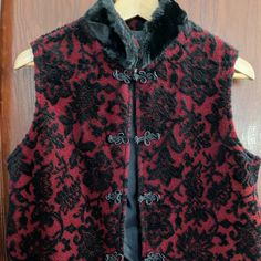 Tsunami Fancy Fleece Vest. Red With Flocked Pattern. Elegant Braided Buttons. Nice Lining And Lovely Pockets. Never Worn. Fancy Vest, Oc Clothes, 70s Inspired Outfits, Vintage Vest, Fleece Vest, 70s Inspired, Inspired Outfits, Chinese Style, Red And Black