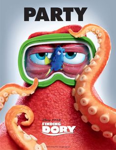 the movie poster for dory with an octopus wearing goggles and a scuba mask