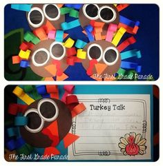 two pictures of turkeys made out of construction paper and colored construction paper with the words turkey talk written on them