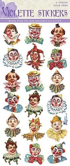 an image of clown face stickers on a white background with the words violet stickers