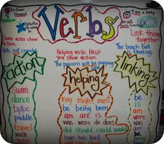 a bulletin board with writing on it that says verbbs and the words helping others