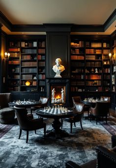 Dark Academia Decor Dark Game Room Design, Dark Academia Media Room, Dark Academia Family Room, Chess Room Design, Gothic Game Room, Dark Academia Game Room, Dark Academia Man Cave, Dark Academia Gaming Room, Dark Academia Basement