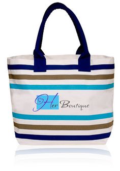 a blue and white striped tote bag with the name her boutique written on it