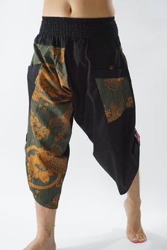 HC0460 Black and Green Men pants Handmade pants Thick Smock Black Trousers For Festival, Black Parachute Pants With Pockets For Festival, Black Festival Trousers, Black Harem Pants With Pockets For Festival, Black Cotton Harem Pants For Yoga, Black Cotton Harem Yoga Pants, Black Harem Yoga Pants With Pockets, Stretch Black Harem Pants For Festivals, Baggy Black Pants For Festival