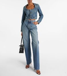 Укороченная джинсовая куртка синего цвета - Alaia | Митереза Designer Fitted Cotton Jeans, Designer Fitted Cotton Outerwear, Chic Medium Wash Cotton Denim Jacket, Designer Fitted Denim Jacket With Long Sleeves, Fall Long Sleeve Outerwear With Five Pockets, Fall Outerwear With Five Pockets And Long Sleeves, Wed Leg, Denim Diy, Color Name