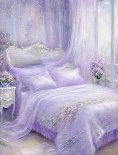 a painting of a purple bedroom with flowers on the bed