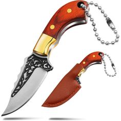 two knives with chains attached to them on a white background, one is red and the other is gold