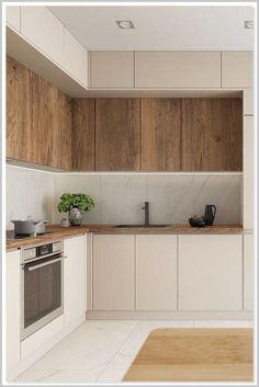 a kitchen with wooden cabinets and white counter tops, along with a stove top oven