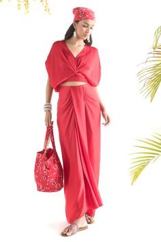 Shop for Chhavvi Aggarwal Red Satin Draped Skirt Set for Women Online at Aza Fashions Red Satin Skirt, Satin Skirt Set, Kaftan Sleeves, Knot Crop Top, Draped Skirt, Red Skirt, Indian Fashion Designers, Satin Color, Red Skirts