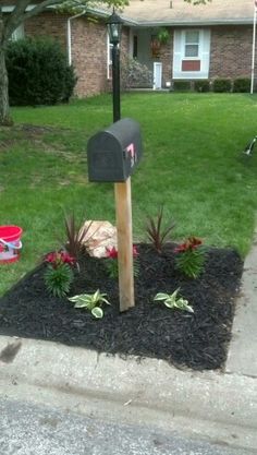 a mailbox sitting in the middle of a flower bed next to a tree and house