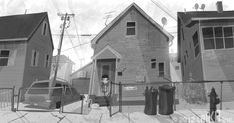 a black and white drawing of a person standing in front of a house next to a fire hydrant