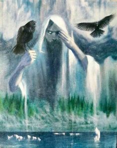 a painting of two people standing in front of a waterfall with birds flying over them