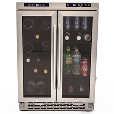 Keep your favorite drinks close by in this 3.0 cubic feet, dual-zone wine/beverage center with French doors. This 23.5-inch wide wine and beverage mini fridge is perfect for the office, dorm, man cave, she-shed, bar, bedroom, or anywhere you need a little extra refrigerator cooling and storage space. The wine zone of the fridge can hold up to 19 standard wine bottles, while the beverage zone can hold up to 66 standard 12 oz. cans. Easily view your drink choices through the glass door. Use the wire shelving and specially designed wine racks to arrange beverages for easy access throughout the day. This expansive fridge wine/beverage center features automatic defrost so your drinks stay perfectly chilled. Select the right settings at the touch of a button and monitor temperature with the temp Built In Coffee Maker, Man Cave Shed, Wine Coolers Drinks, Stainless Steel Fridge, Bar Bedroom, Beverage Center, Beverage Refrigerator, Best Appliances, Interior Display