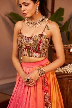 Pink and peach ombre lehenga with sequins, beads, cutdana, nakshi and tassels embroidered desert and camel motifs. Paired with coordinating thread and lace embroidered bustier. - Aza Fashions Peach Embroidered Lehenga, Radhika Madan, Cape Lehenga, Mira Rajput, Kurta Lehenga, Sanya Malhotra, Anushree Reddy, Lehenga Pattern, Rohit Bal