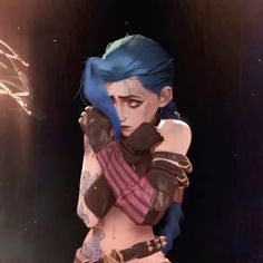 a woman with blue hair and tattoos holding her arm over her shoulder while standing in front of fireworks