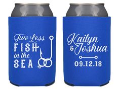 two blue can coolers with white lettering on the front and bottom one has a fishing hook