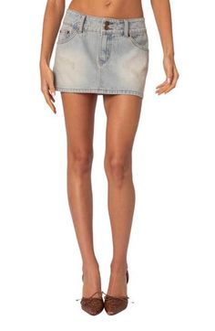 An on-trend low-rise cut defines this nonstretch-denim skirt featuring fading and distressing for a chic lived-in look. Zip fly with button closure Five-pocket style 100% cotton Machine wash, dry flat Imported Denim Miniskirt, Led Fashion, Blue Fits, Beauty Sale, Beauty Trends, Distressed Denim, Travel Size Products, Denim Skirt, Low Rise