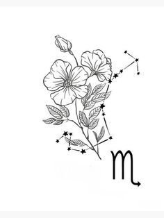 the letter m with flowers and stars on it's side, in black and white