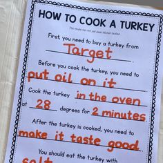 a turkey themed activity for kids to learn how to cook a turkey with this printable