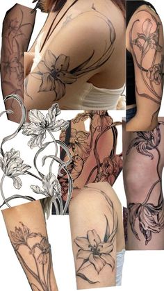 many different images of tattoos on the back of women's arms and legs, all with flowers