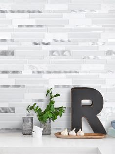 the letter r is next to a potted plant in front of a white tiled wall