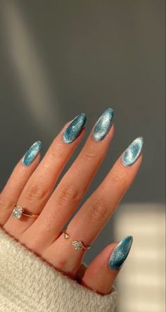 Teal Nail Designs, Gel French Manicure, Teal Nails, Turquoise Nails, Nails Yellow, Silver Nail, Blue Nail, Cat Eye Nails