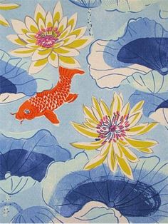 an image of fish and water lilies on blue background