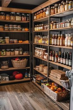 an open pantry filled with lots of different types of food and condiments on shelves